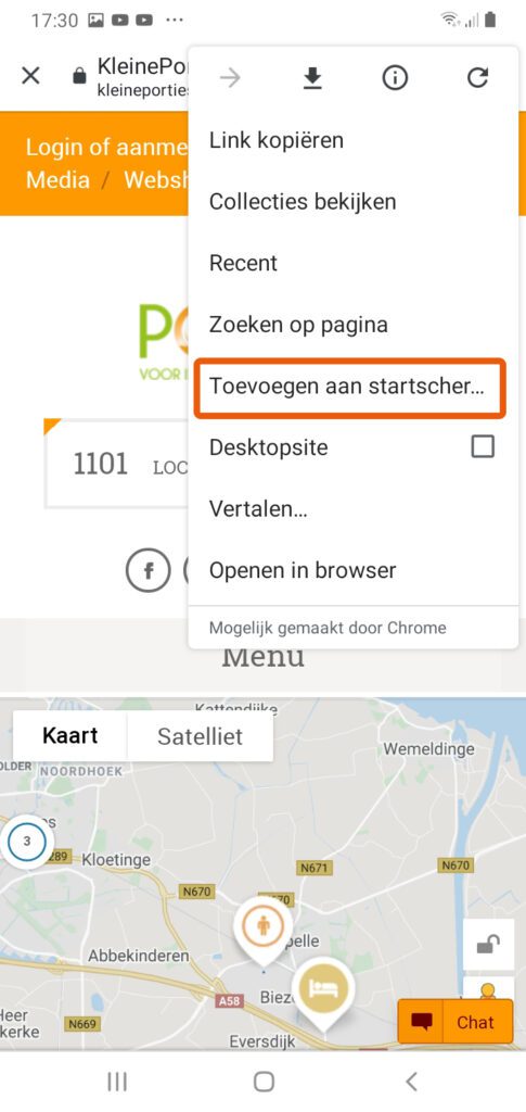 Stap 1 KleinePorties restaurant Web App toevoegen op Android