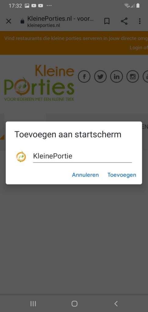 Stap 2 KleinePorties restaurant Web App toevoegen op Android