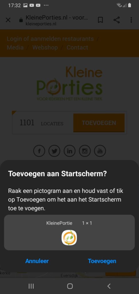 Stap 3 KleinePorties restaurant Web App toevoegen op Android